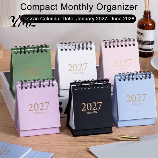 Desktop Organizer with Stickers 2027-2028 Mini Standing Flip Desk Calendar, 18 Month Planner from Jan. Academic Year 2027 to Jun. 2028, Pocket
