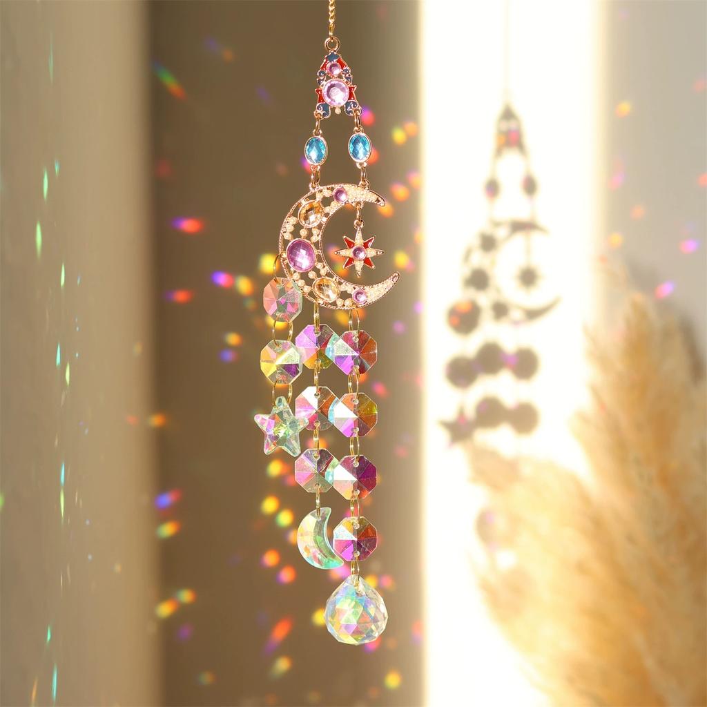 Bohemian Sun Moon Star Crystal Suncatcher Hanging Ornament Rainbow Prism Pendant for Window Home Decor