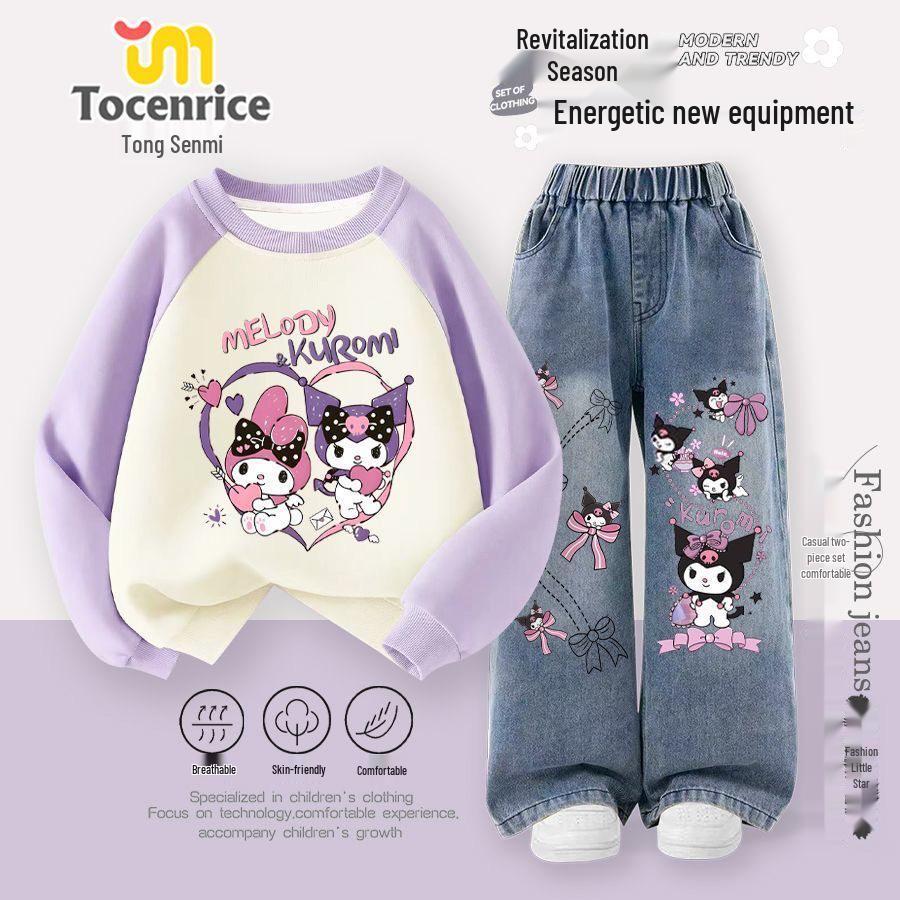 2025 Kuromi Girls' Autumn/Winter Two-Piece Set: Round Neck Sweatshirt & Straight Leg Jeans
