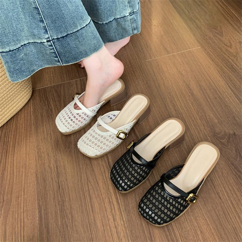 Fashion Female Shoes Fretwork Heels Slippers Women Summer Cover Toe Slides 2025 Soft Casual Leisure Female Shoes Fretwork Heels Ladies'