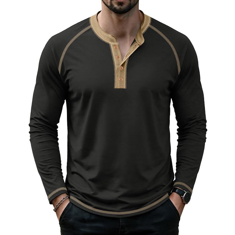 Men's Henley Long Sleeve T Shirt Raglan Color Contrast Stitching Button Placket Solid Casual Pullover Tops Spring Autumn Daily Tees