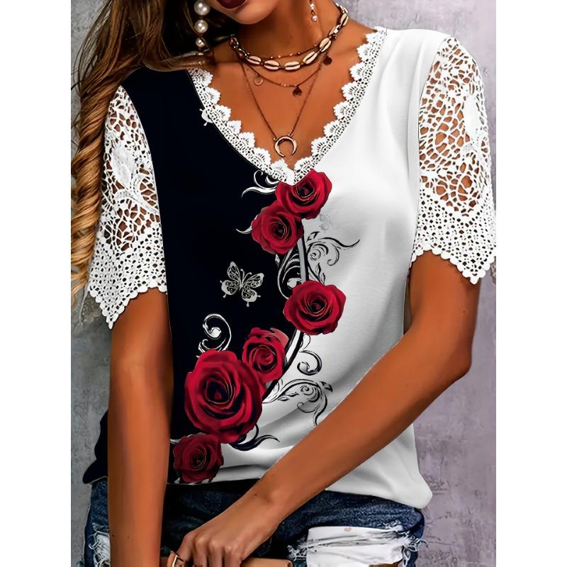 Women's Fashion Casual Summer Spring Flower Pattern Print Short Sleeve V-Neck Blouses & Shirts