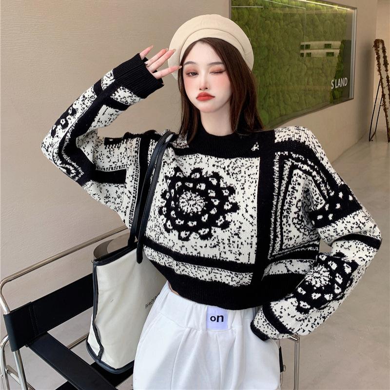 Ins Retro Jacquard Sweater Women's Autumn and Winter Lazy Loose Foreign Style Pullover Knitted Sweater Short
