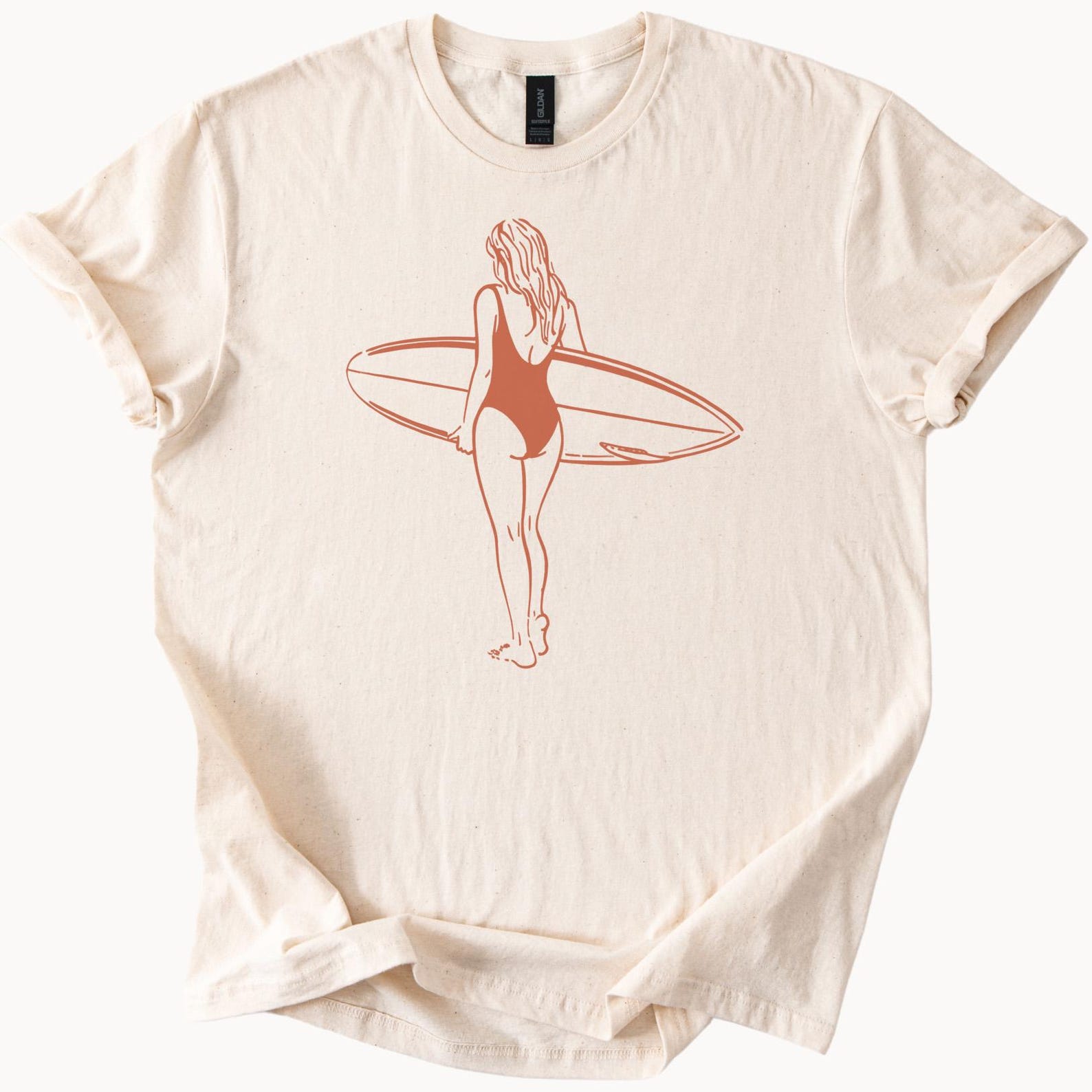 Surfer Girl Graphic T Shirt Beach Lover Surfboard Art Summer Shirt Minimalist Ocean Wave Tee Coastal Aesthetic Surfing Apparel Gift 120