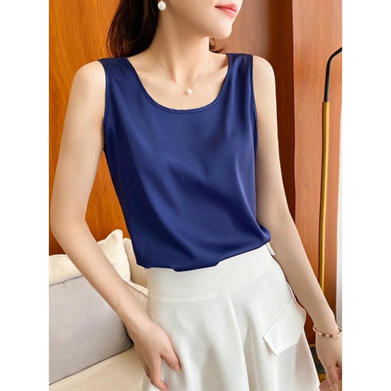 Fashion Silk Thin Short Sleeve Tees Slip Woman Summer Clothes Elegant Tops Solid Loose Casual