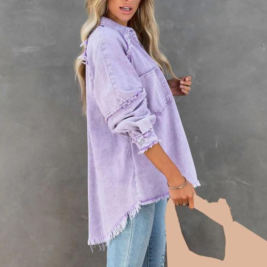 Giacca da donna in denim Colletto rovesciato Distress Orlo con frange Bottone Tasca grande Lavato Tinta unita Cappotto oversize da donna di media lunghezza oversize Lavato
