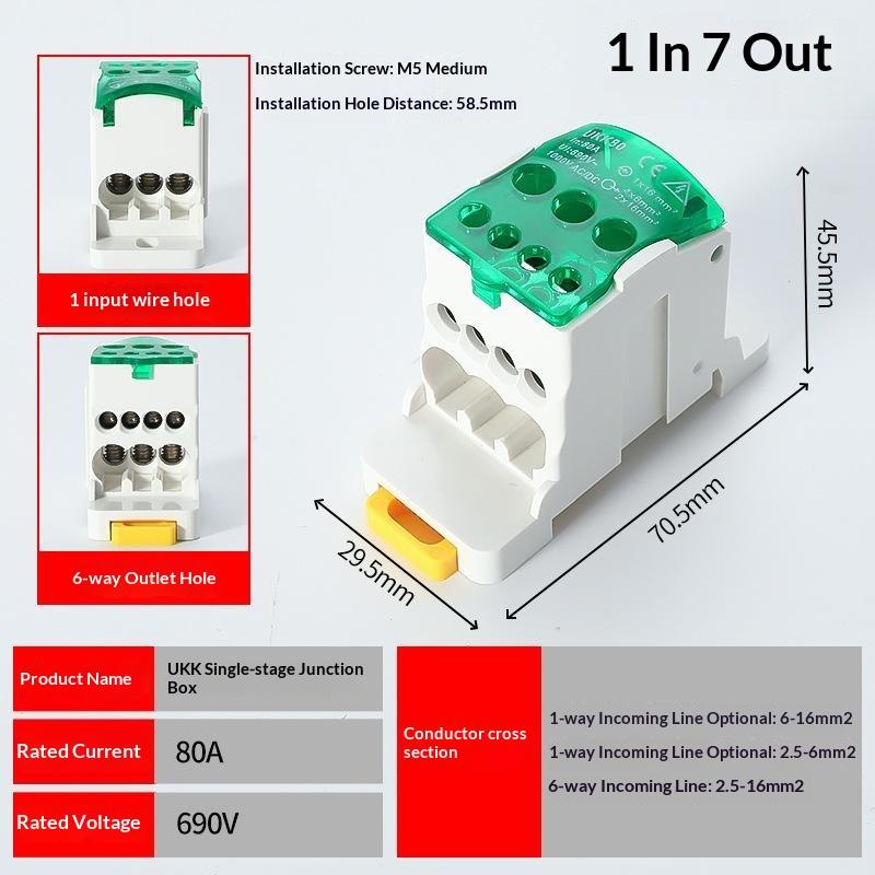 Ukk Din Rail Terminal Block Power Distribution Box 80A 1 In 7 Out Terminal Block Electrical Wire Junction Box