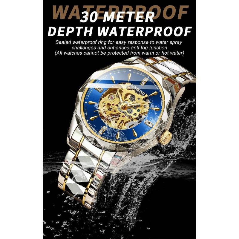 BINBOND Men's Automatic Mechanical Watch Skeleton Hollow Blue Dial Diamond Stainless Steel Waterproof Luxury Business Wristwatch