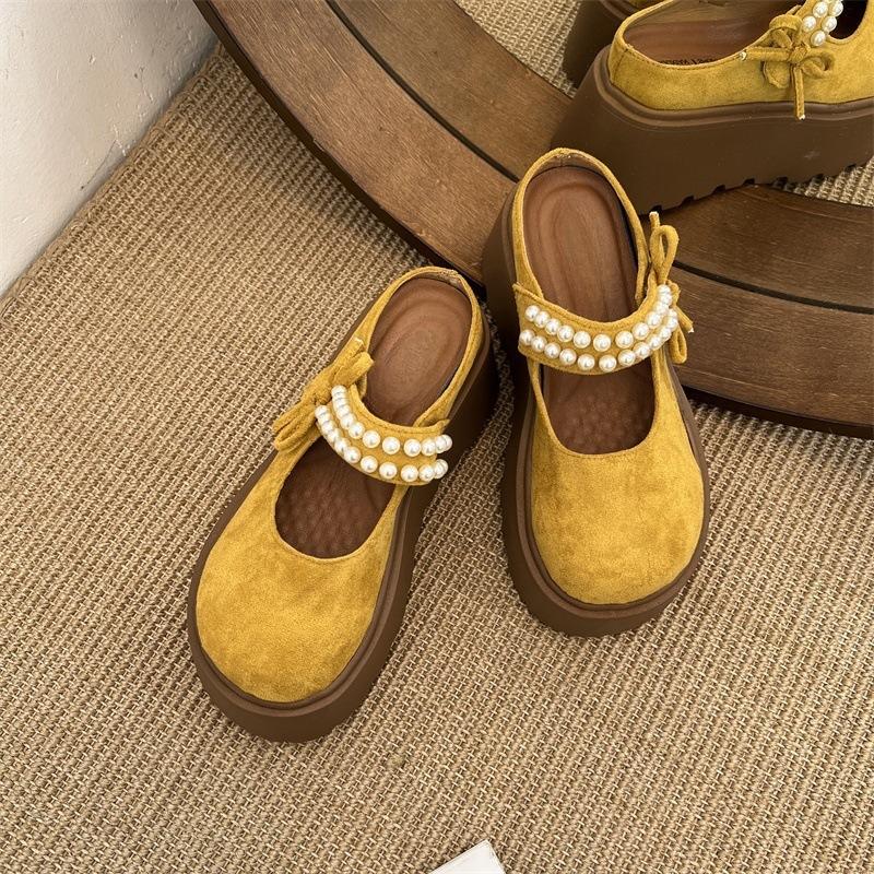 Spring 2025 thick-bottomed bag head half slippers women's new bow pearl height increase small Mary Jane sandals