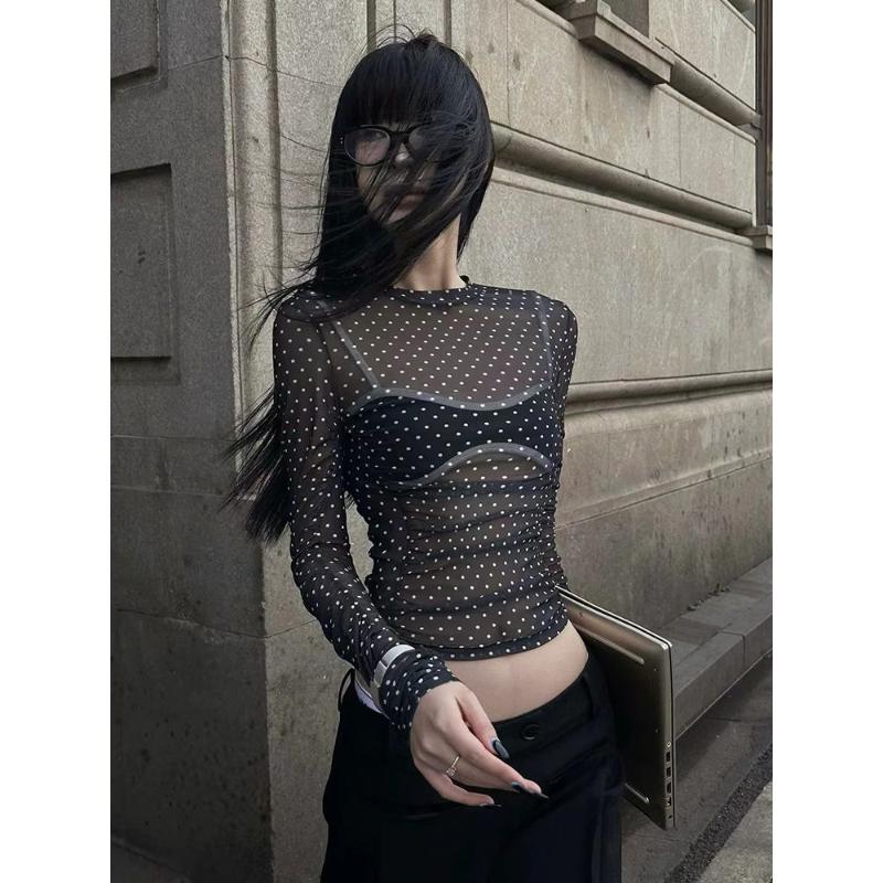 

Mesh Long-sleeved T-shirt for Women in Spring and Autumn Slim-fitting Half-turtle Collar Short Niche See-through Top Onesize чорний