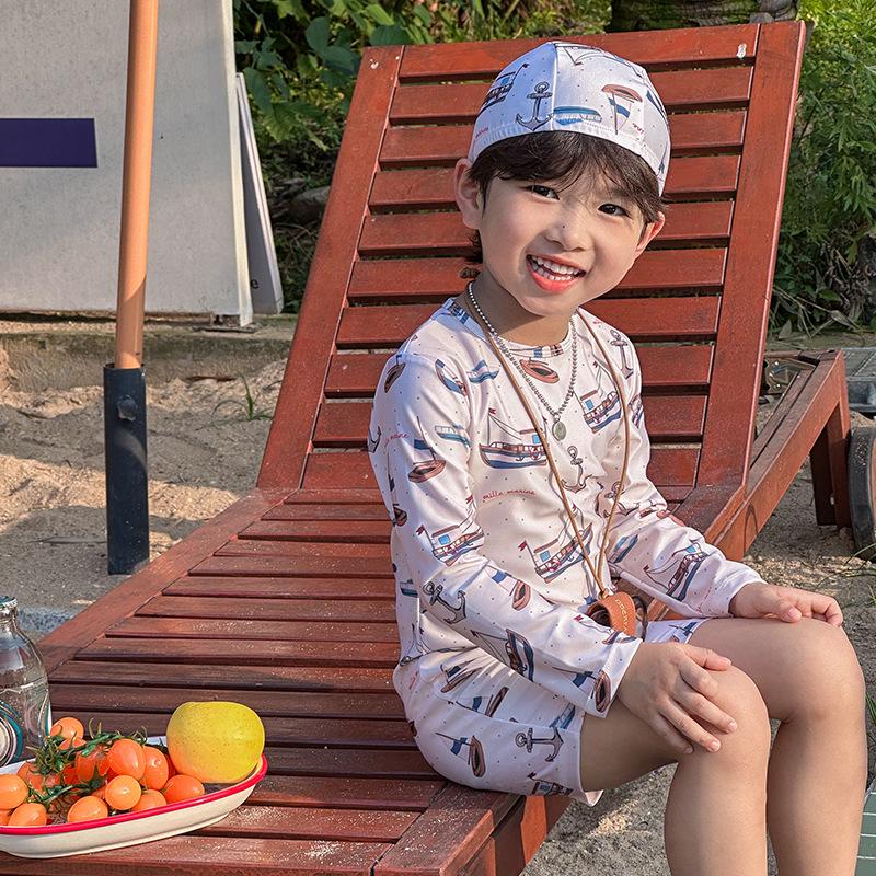 Neuer Jungen Segelboot Langarm Sonnenschutz Einteiliger Badeanzug für Sommer - Schnelltrocknende Strandbademode für Kleinkinder und Kinder