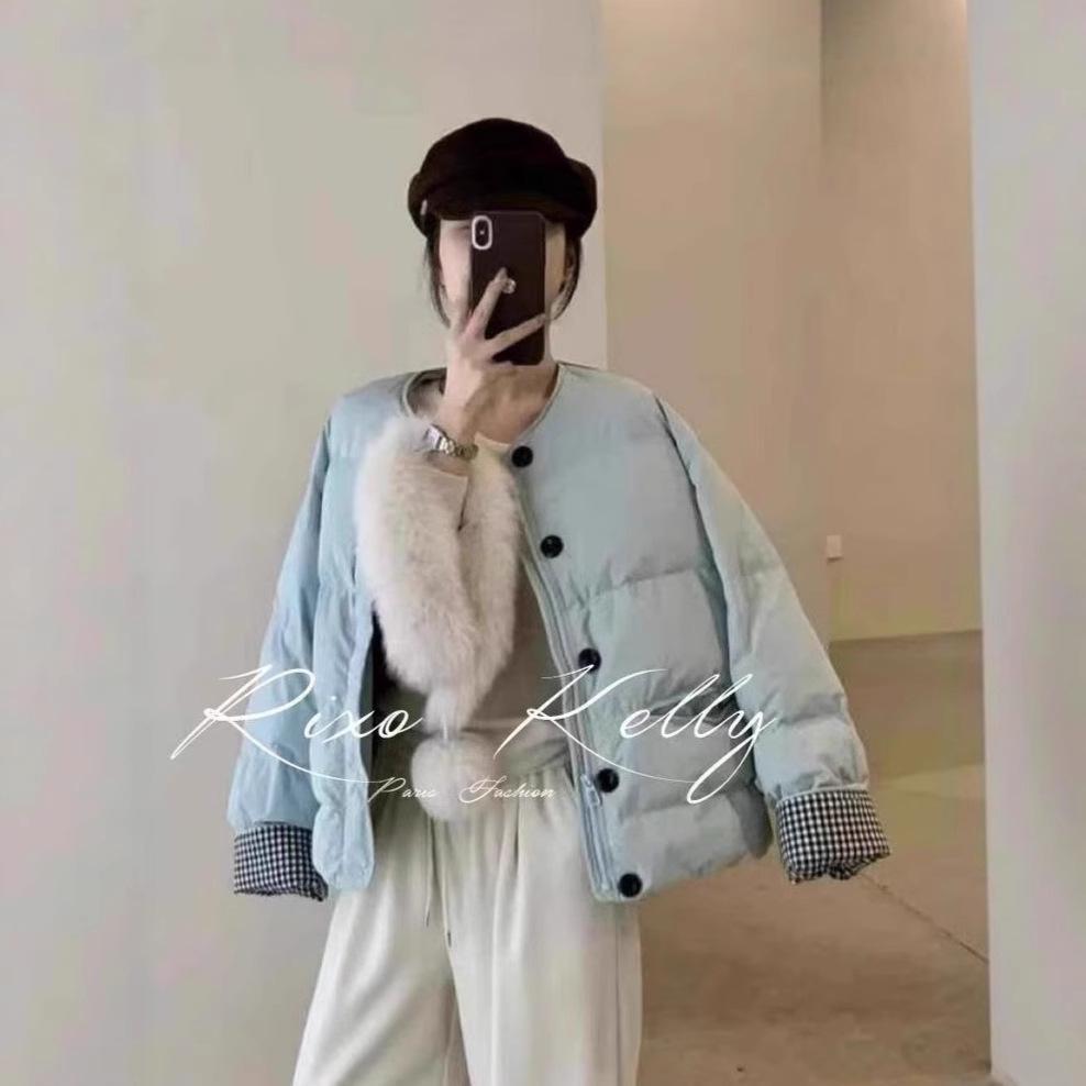 South Korea Dongdaemun short down cotton clothes women's plaid contrasting colors high-end small scarf fur collar jacket