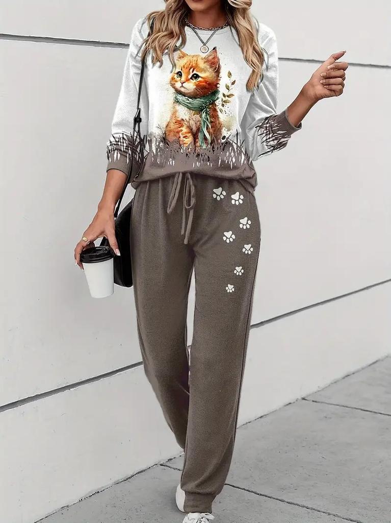 European and American New Casual Versatile Fashion Animal Pattern Long-sleeved Crew Neck Sweater Set ME1 + ML1