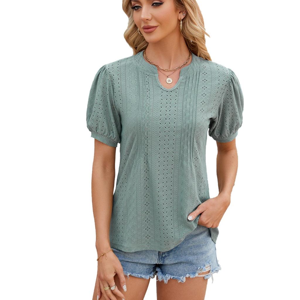 Spring Summer New Women's Solid Color V-neck Striped Loose Short Sleeve T-shirt for Cross-border E-commerce
