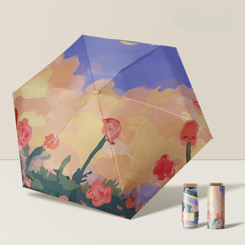 Mini Flat Pocket Umbrella Oil Painting Flower Anti UV Sunscreen Compact Folding Parasol
