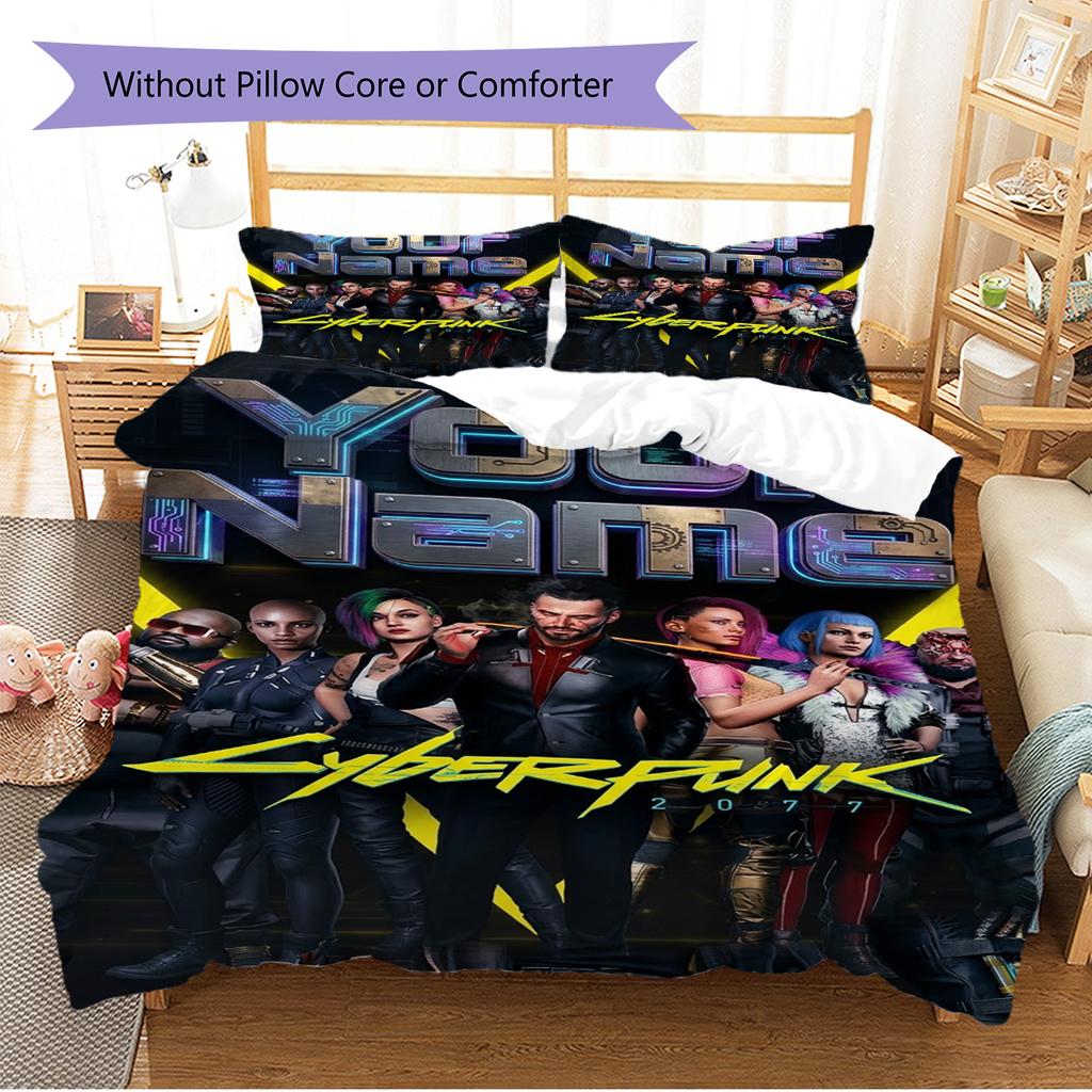 Name Custom Cyberpunk 2077 Pattern Bedding Set Quilt Cover Pillowcase Home Decor Gift (1 * Duvet Cover + 2 * Pillowcase, Without Core)