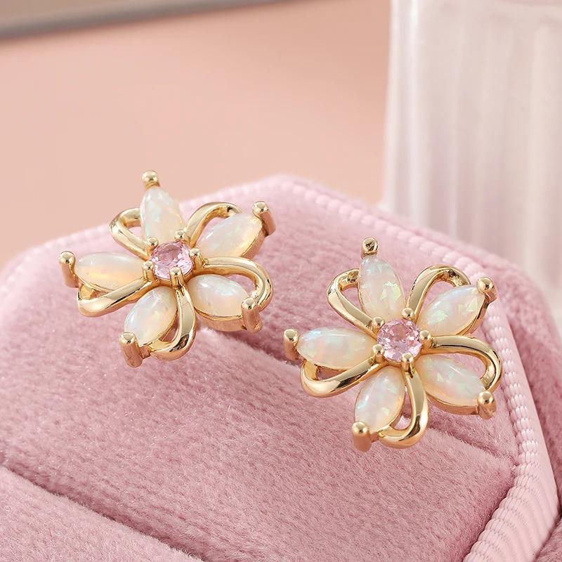 1pair Shine Charm Synthetic Opal Treasure Flower Dainty Stud Earrings Women's Jewelry Daily Wear Gift for Parties and Holidays