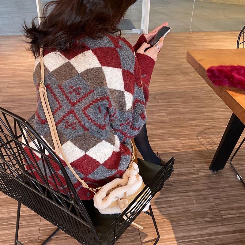 Half High Collar Women's Pullover Sweater Autumn and Winter Loose Diamond Grid Long Sleeved Knitted Sweater