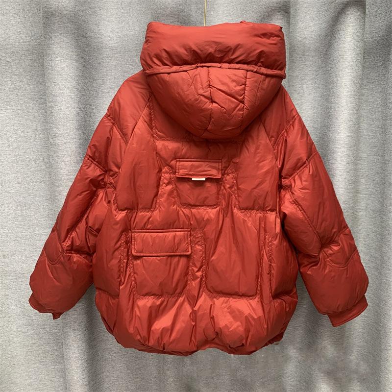 Zima Podzim Ženy Volný Polstrovaný Zip Jednobarevné Módní Bunda S Kapucí Límec Vše Odpovídající Teplý Bílý Kabát