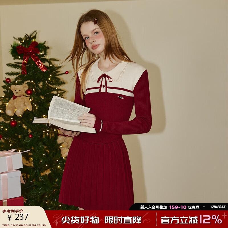 UNIFREE Women s Long Sleeve Ankara Red Color Block Slim Pleated Dress M