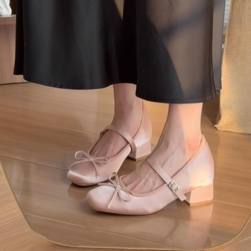 Fashion Square Heel Loafers Mid Heel Butterfly-knot Ladies Shoes 2025 New Hot Sale Solid Square Toe Buckle Strap Sweet Women's Shoes