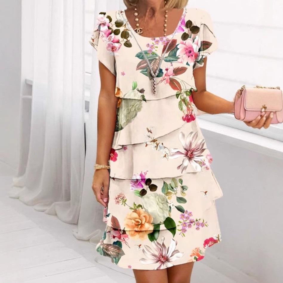 2025 European & American 3D Print Short Sleeve Round Neck Cake Dress for Spring/Summer