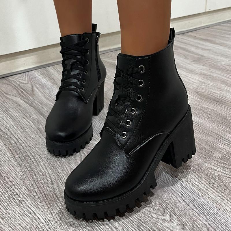 Fashion 2025Block Heel Short Thigh Boots Women's Fashion Round Toe Lace-Up Front Side Zipper Platform Waterproof Non-Slip Heels
