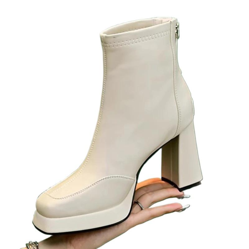 New Street Style High Heel Women Ankle Boots Fashion Square Toe Short Booties Autumn Winter Ladies Shoes Botas