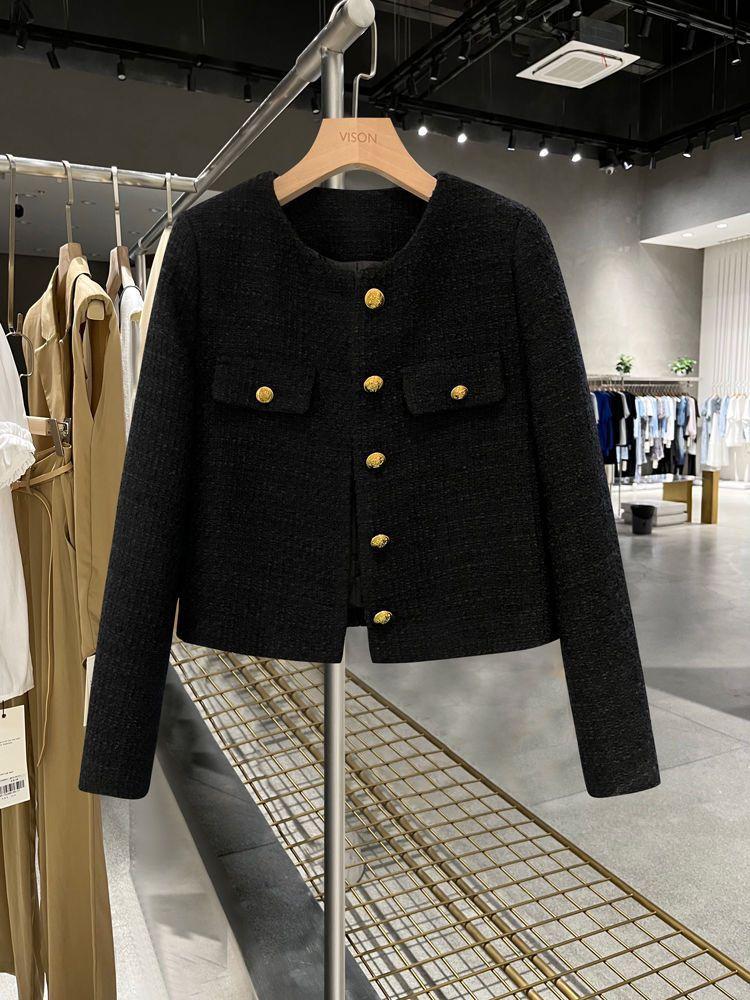 Fleece-filled black new round neck fragrant short coat small French tweed top