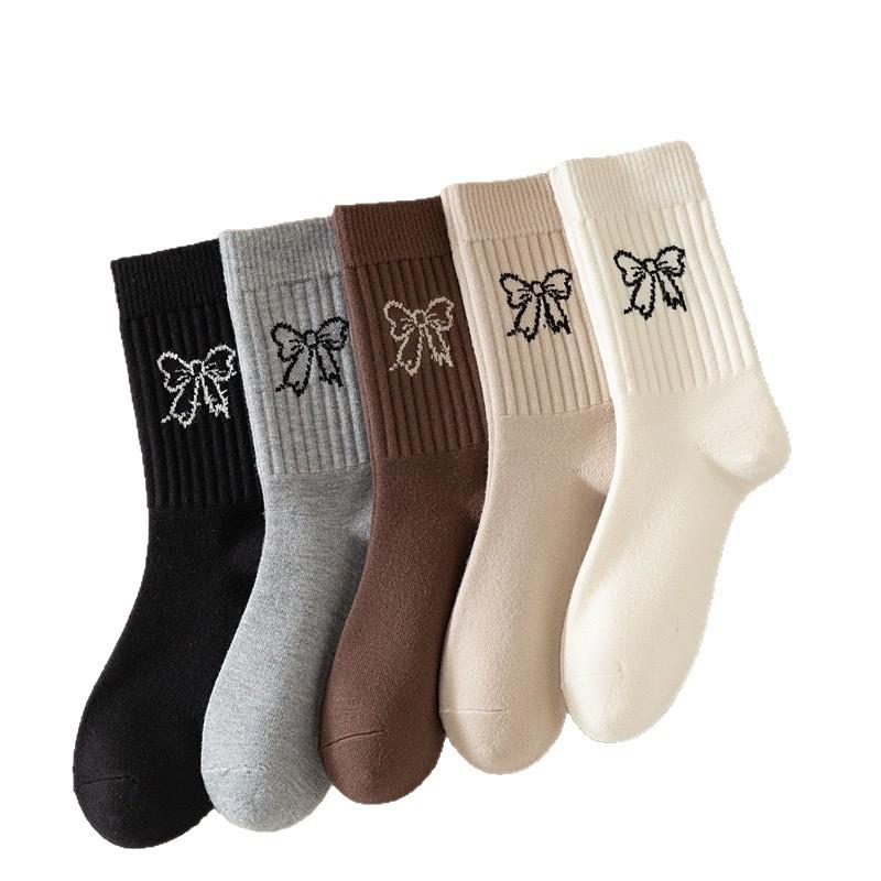 Bow-patterned Mid-calf Socks for Women Thin and Breathable for Spring and Summer Ballet-style Solid-colored Long Socks for Women In Summer