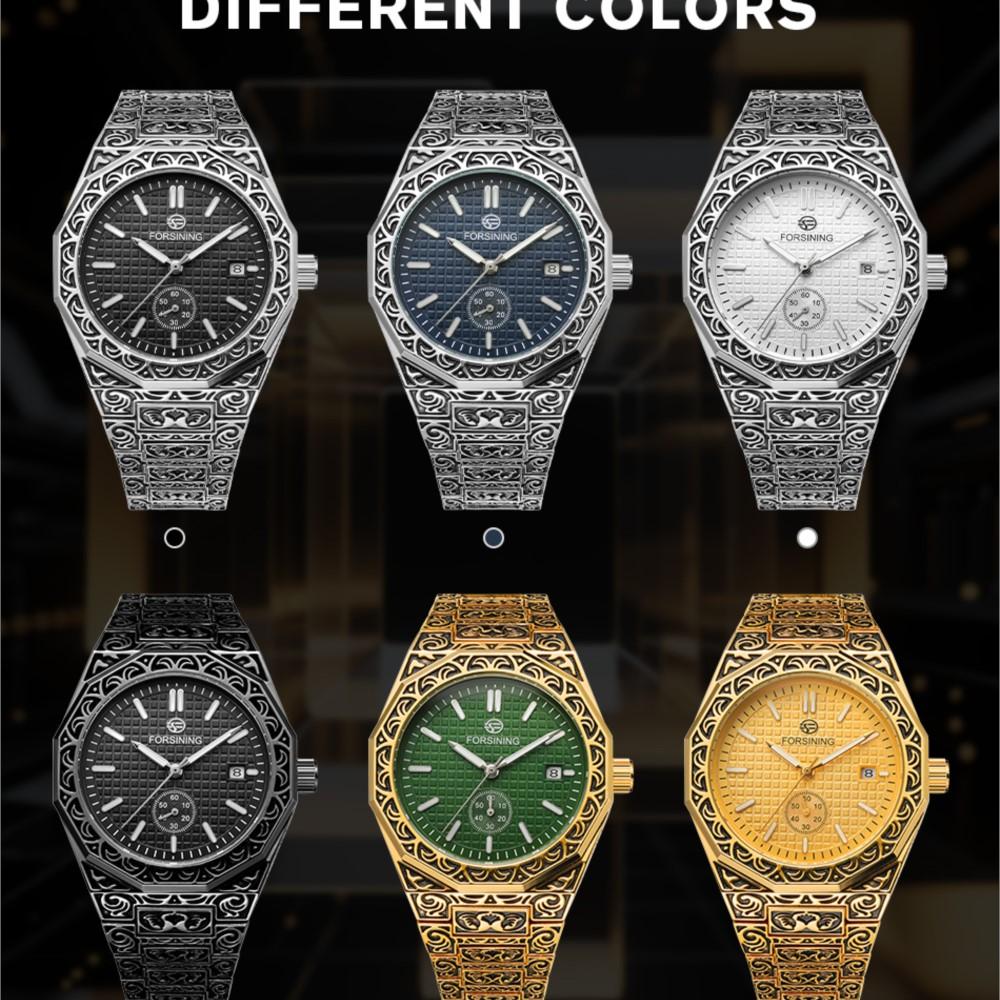 FORSINING Original Designer Luxury Man Vintage Watch Date Automatic Movement Mechanical Clock Stainless Steel Skeleton Military
