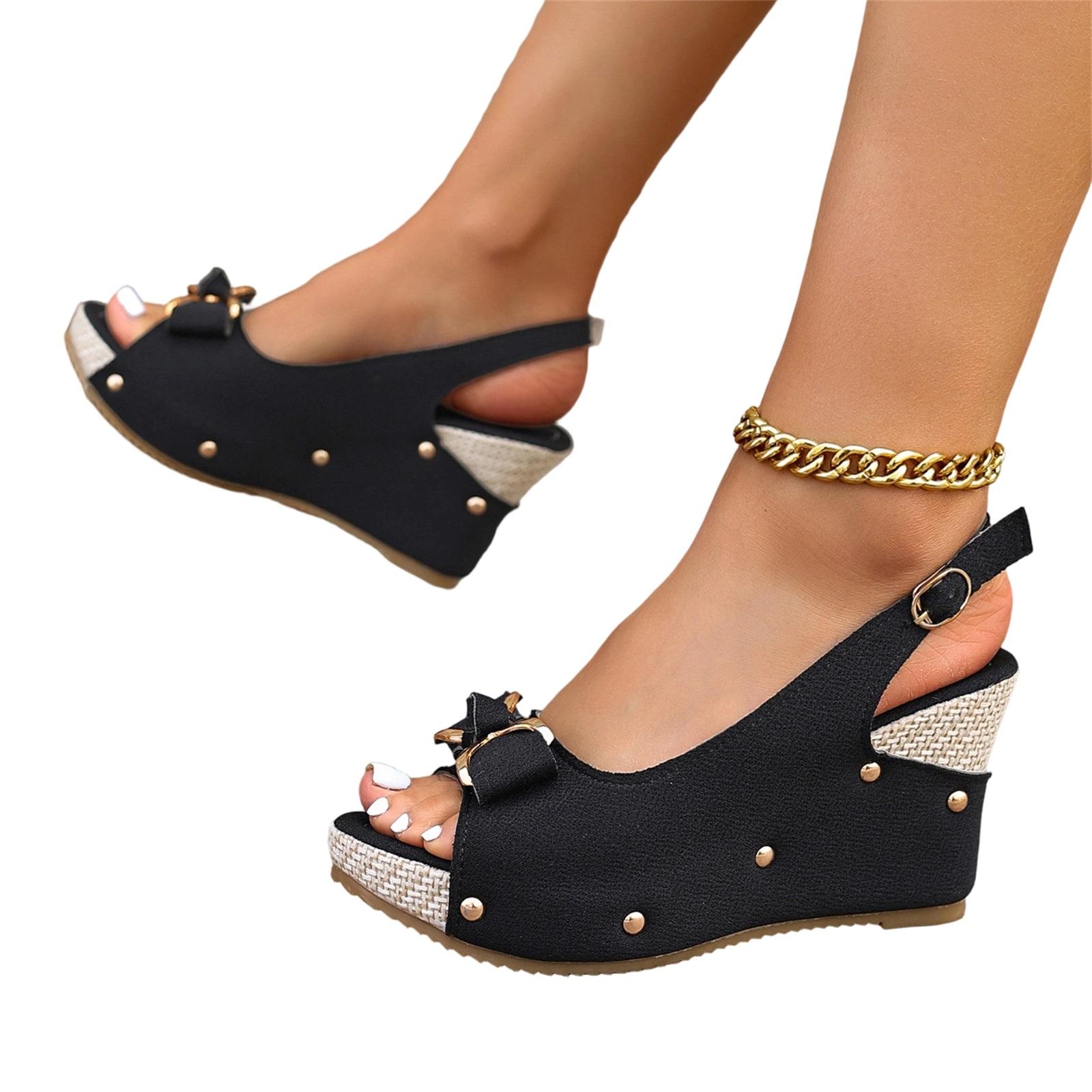 Women s Fashion Plus-Size Casual Bow-Knot Peep-Toe Sandals 35 чёрный