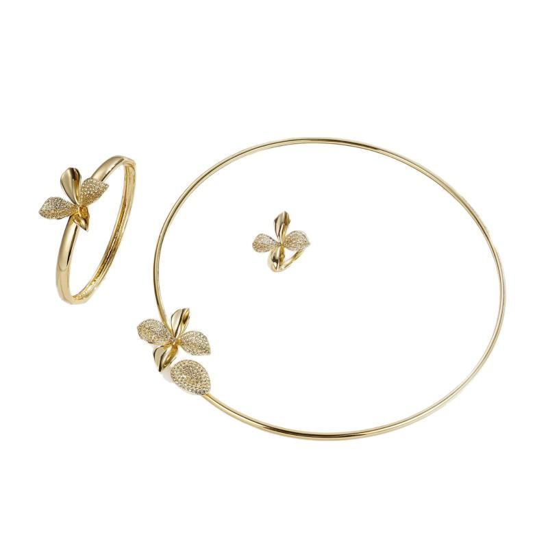 Elegant Floral Open-Design Jewelry Set Women Necklace Bracelet Ring Earrings In Gold-Tone With Zircon Accents