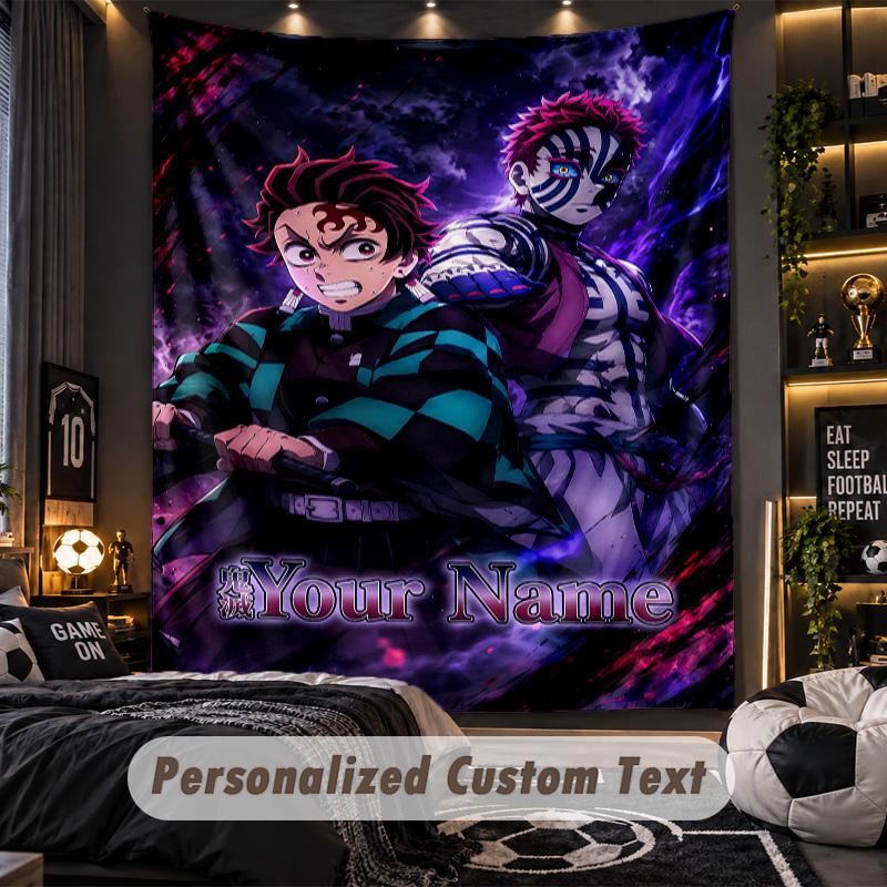 Personalized Wall Tapestry,Demon Slayer Custom Printed Name, Fabric Wall Art For Indoor Room Backdrop