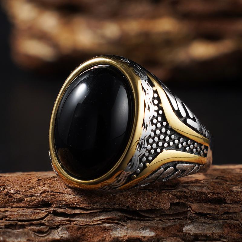 Naturstein-Serie für Männer Elliptischer Ring mit echtem Tigerauge-Stein 316L Edelstahl Männlich Vintage-Design Punk-Ring