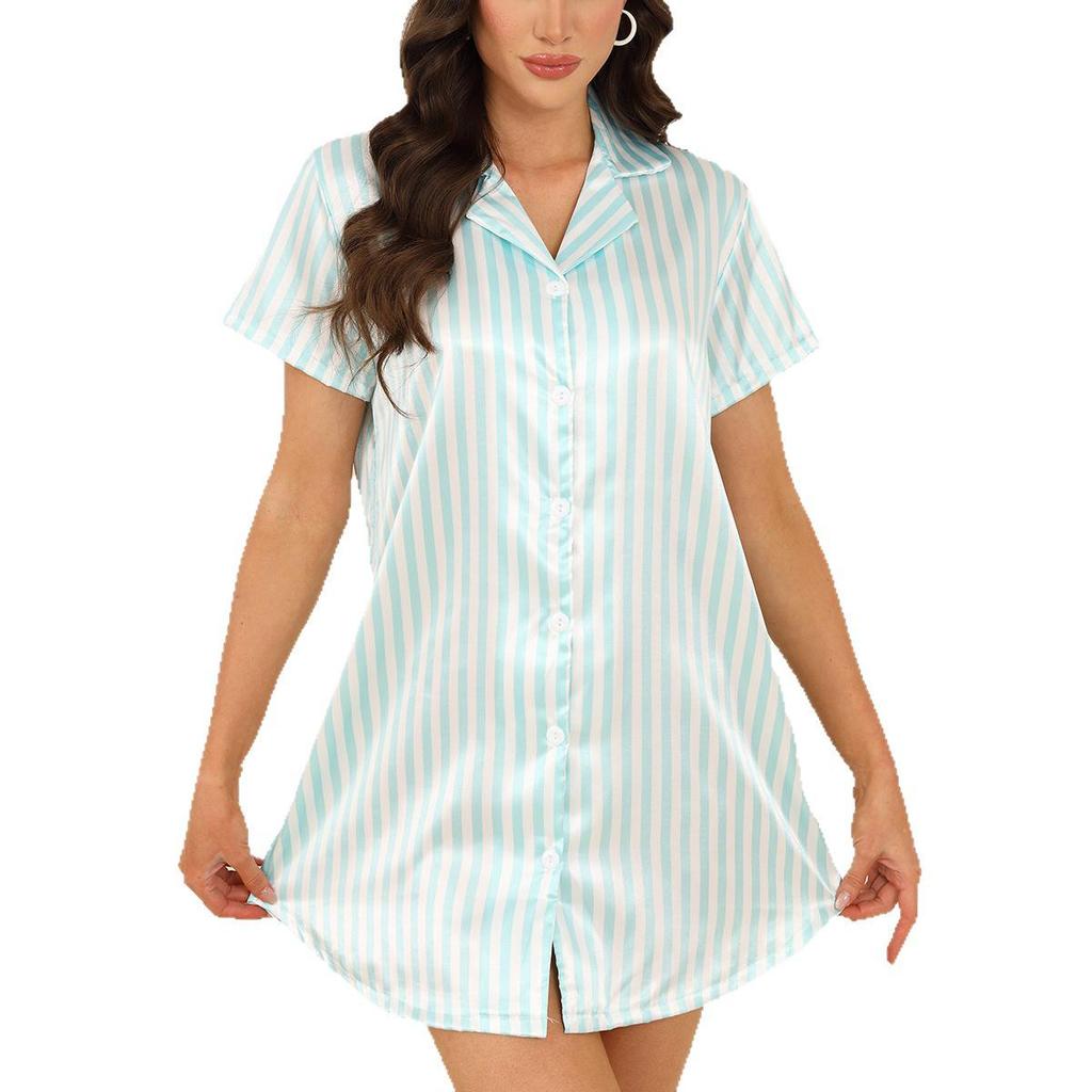 European Plus Size Women's Striped Short-Sleeve Button-Up Nightgown Shirt