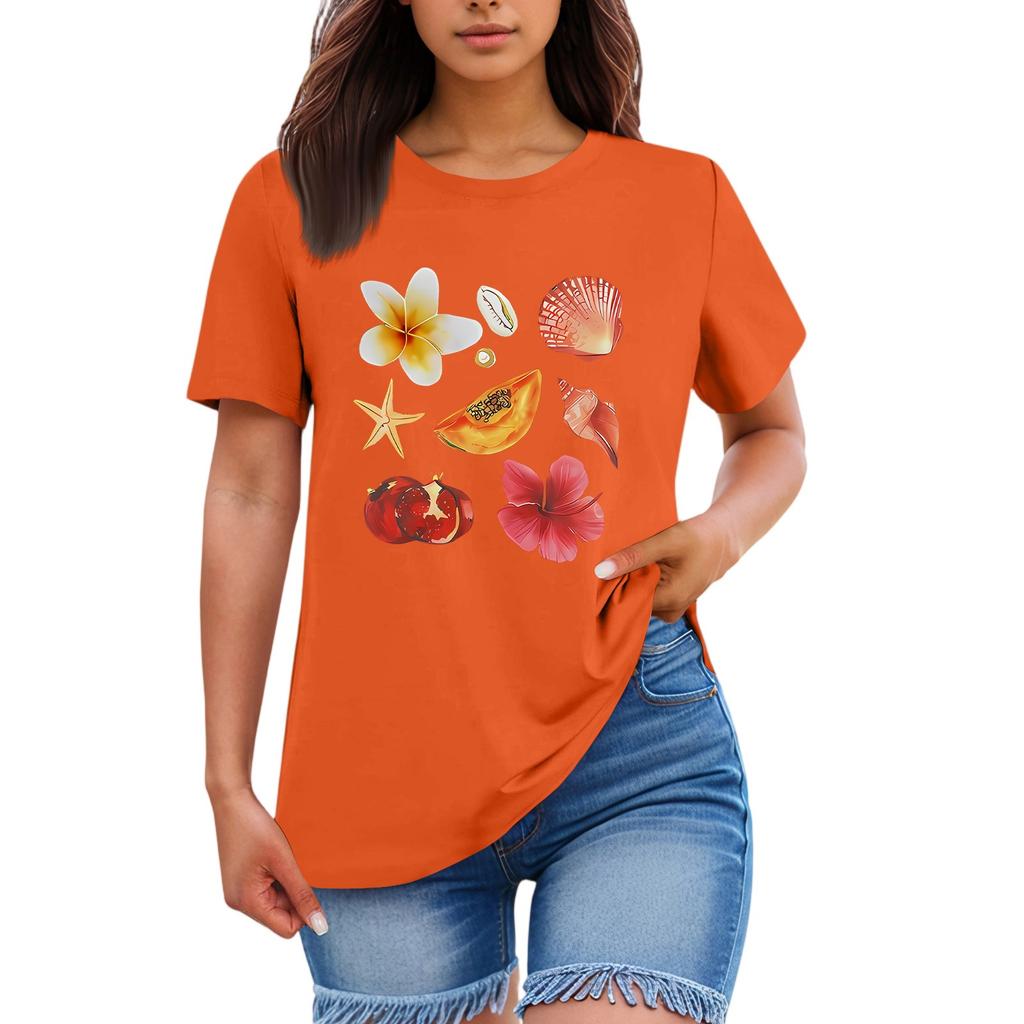 Ladies' Loose Comfortable Casual Fashionable  Fruit And Flower Pattern Printed Round Neck Short Sleeved Shirt