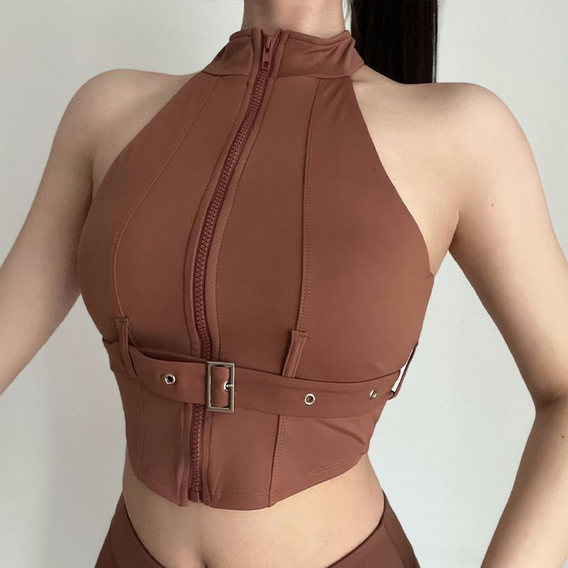 

With Chest Pad Locomotive Style Sports Intimates Women s Bubble Wrap Zipper Yoga Vest Outer Wear Sexy Belt Workout Bra L Rust red