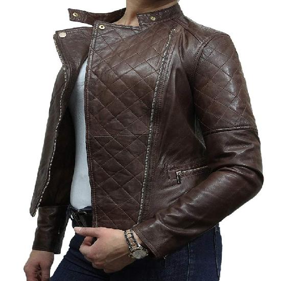 Noora Women's Dark Brown Leather Jacket Motorcycle Biker Quilted Leather Jacket