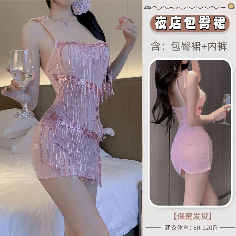 

Sequins neck swing collar hip wrap dress pure desire style sexy pleated sexy underwear nightclub neck qqny bright One size розовый