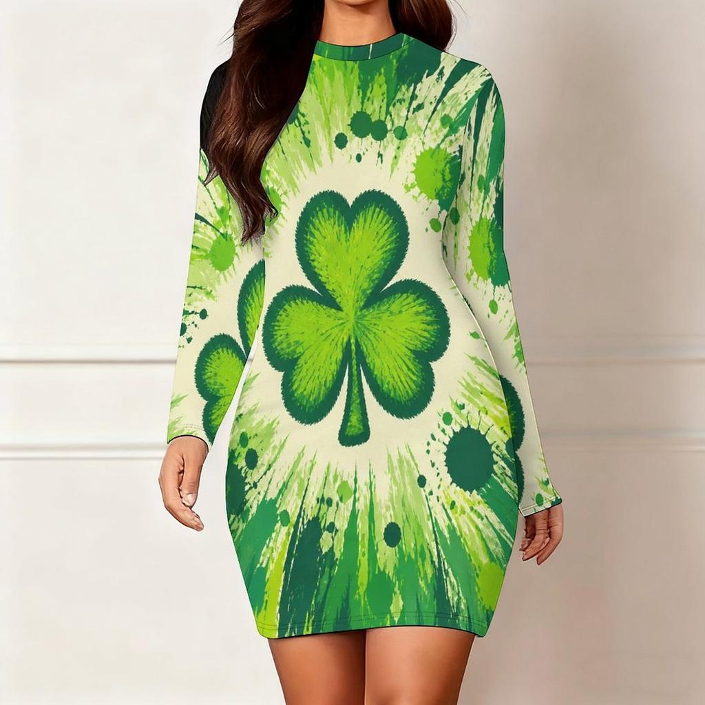 Women Plus Size Round Neck Long Sleeve Clover Printed Dark Green Bodycon Mini Dress