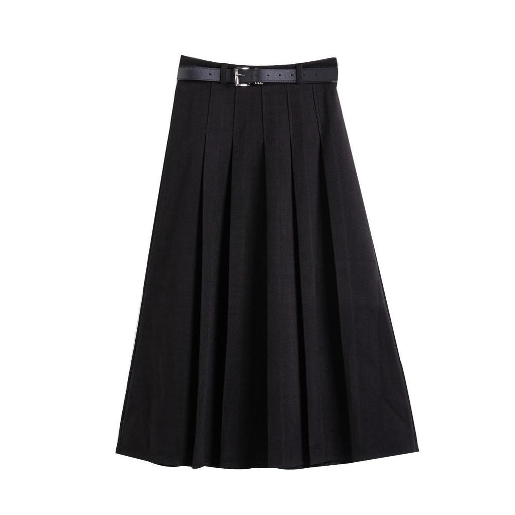 Lizhiqi Women's Woolen A-Line Pleated Midi Skirt - 2024 Winter Collection, High Waist, Slimming Fit