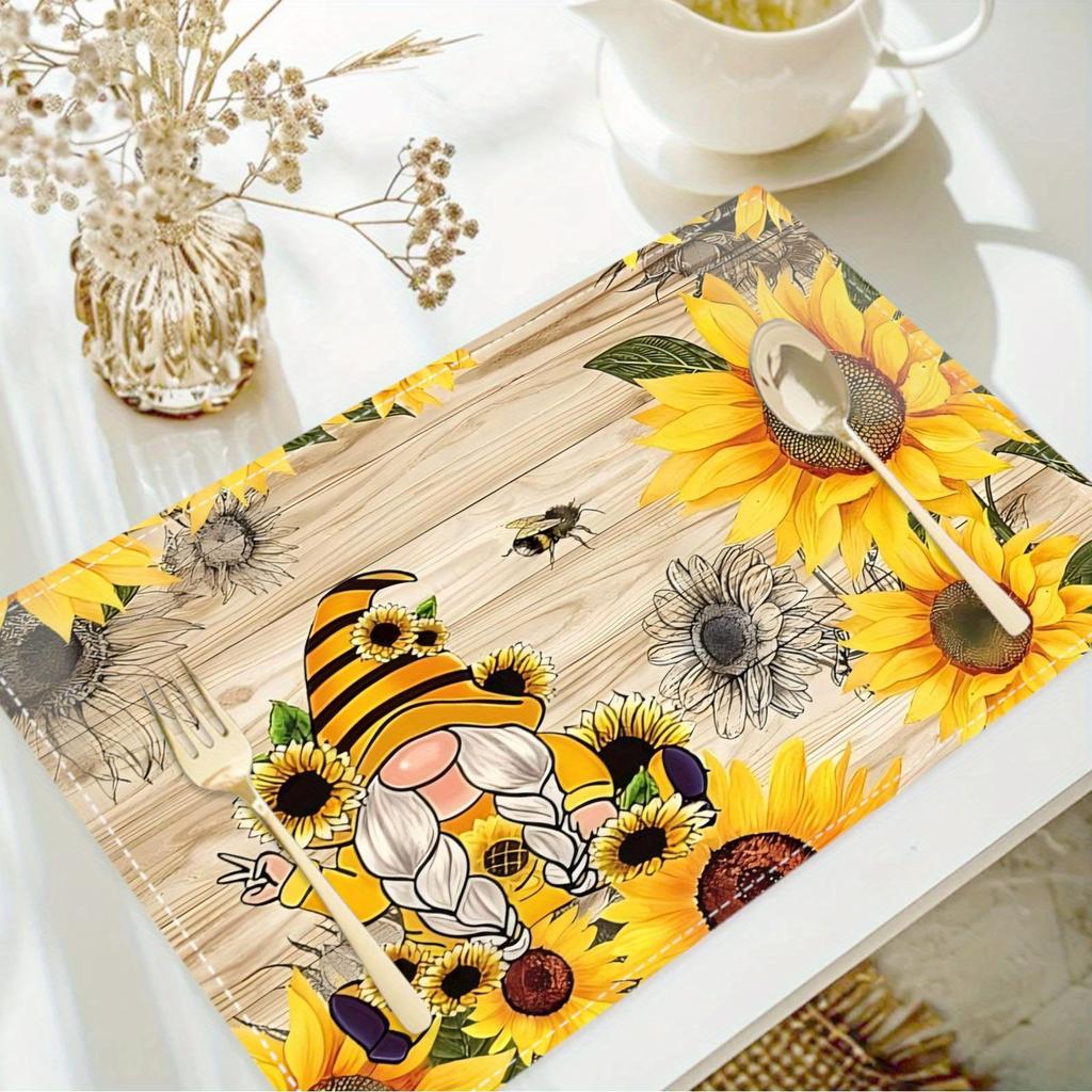 4pcs/1 Set Linen Placemats, Sunflower and Gnome Design Placemats, Table Decor, Home Decor, Party Catering Decor, Holiday Placemats, 12x18 Inch