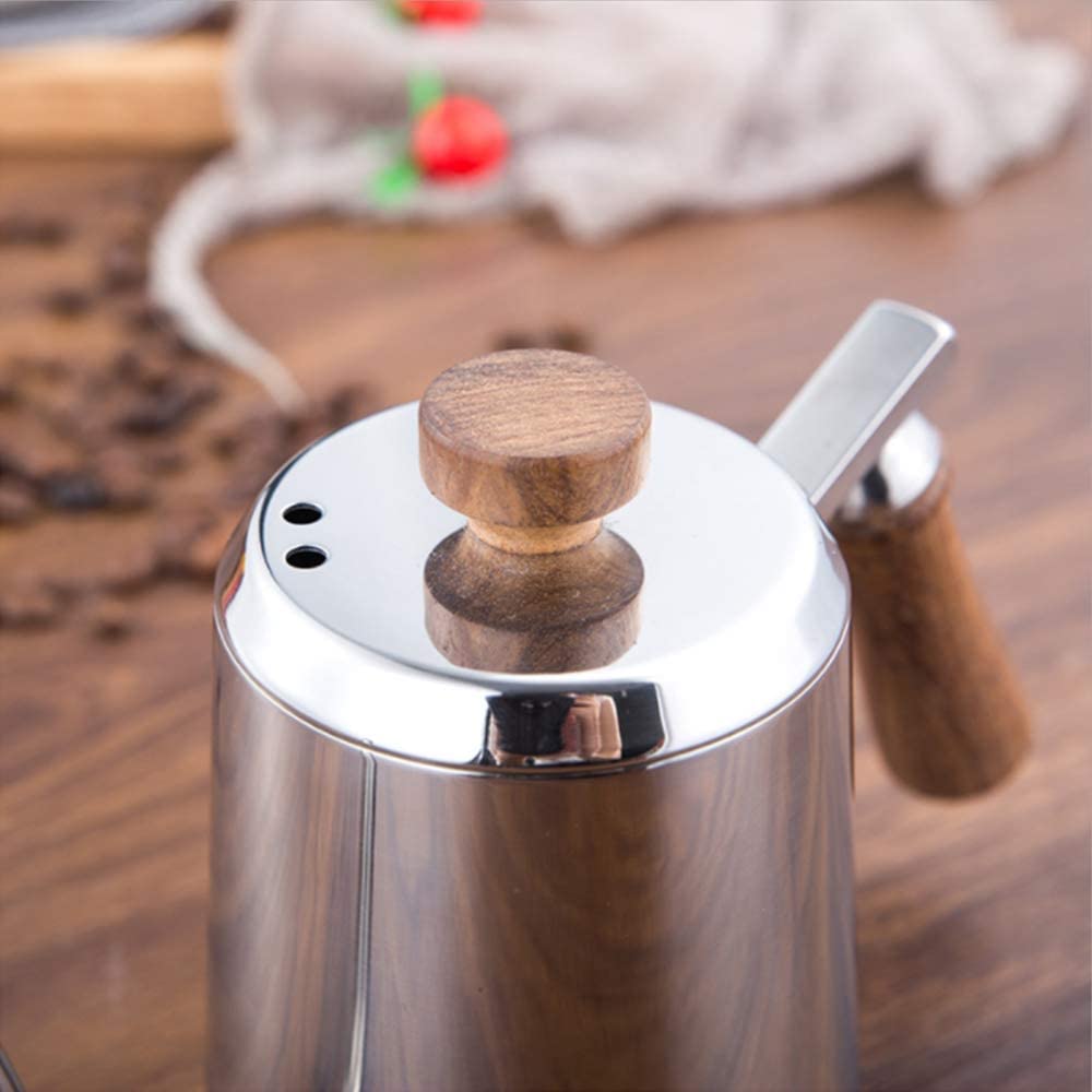 CEAINIC FUN COFFEE Drip Pot Foc Deschis Gură Îngustă 600ml Drip Pot Popular Mâner din Lemn Ceainic cu Gură Îngustă Oțel Inoxidabil Mâner din Lemn Mâner cu Capac