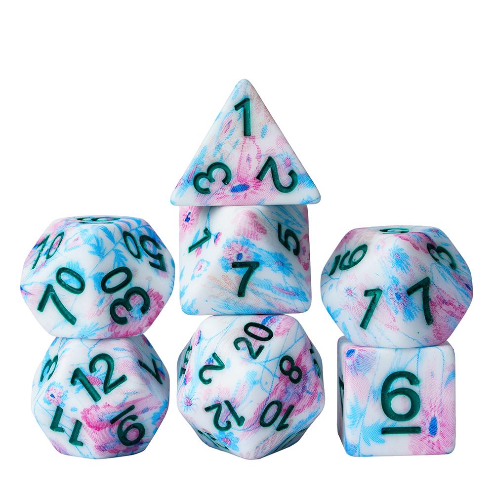 Cusdie Flower Printed DND Dices Multicolored D4-D20 Resin Polyhedral Dice Set for Dungeons and Dragons Role Playing Board Games