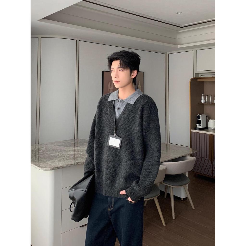 Korean Retro Old Money Style Knit Sweater: Autumn-Winter Two-Piece, Warm Versatile Casual Men's Fashion