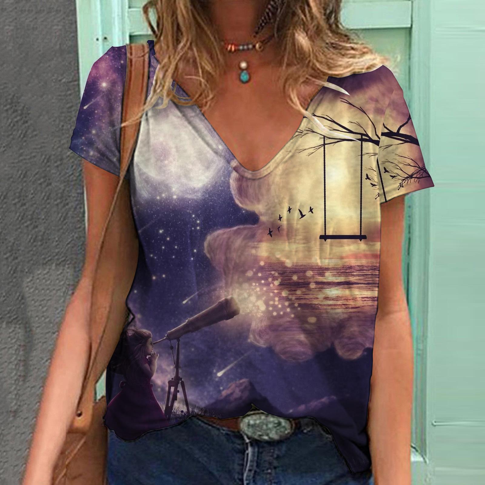 Летняя модная футболка женская контрастная строчка лунный свет цифровой 3D принт топы — фото 19