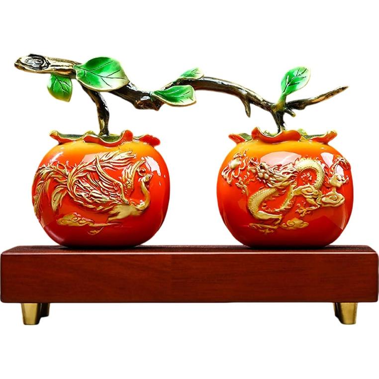 Aris & Juno Exquisite Hand-Painted Copper Persimmon Statue - New Chinese Style Feng Shui Decor for Good Fortune & Prosperity, Perfect Home or Office