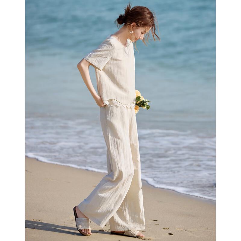Women's Lyocell Blend Lace Spliced Top & Wide-Leg Pants Set