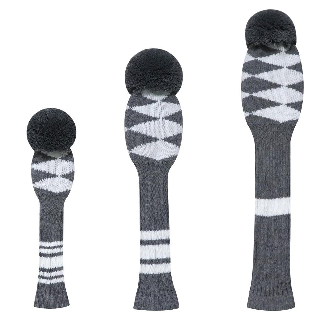 LeFeng Sports Knit Golf Club Cover Set with Number Tags and Fits and 5 Woods Check 3-Piece Pompoms, Gray, 1, 3, (Gray Pattern)